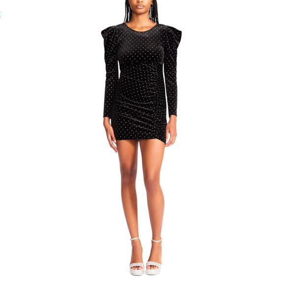 Betsey Johnson Power Shoulder Black Velvet Dress Metallic Silver Polk Dot Size M - Picture 1 of 15